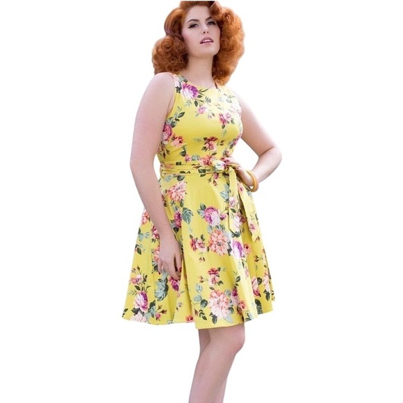 City Chic Dresses & Skirts - Yellow Floral Sleeveless Fit Flare Midi Dress Belted Summer Garden‎ Party Medium